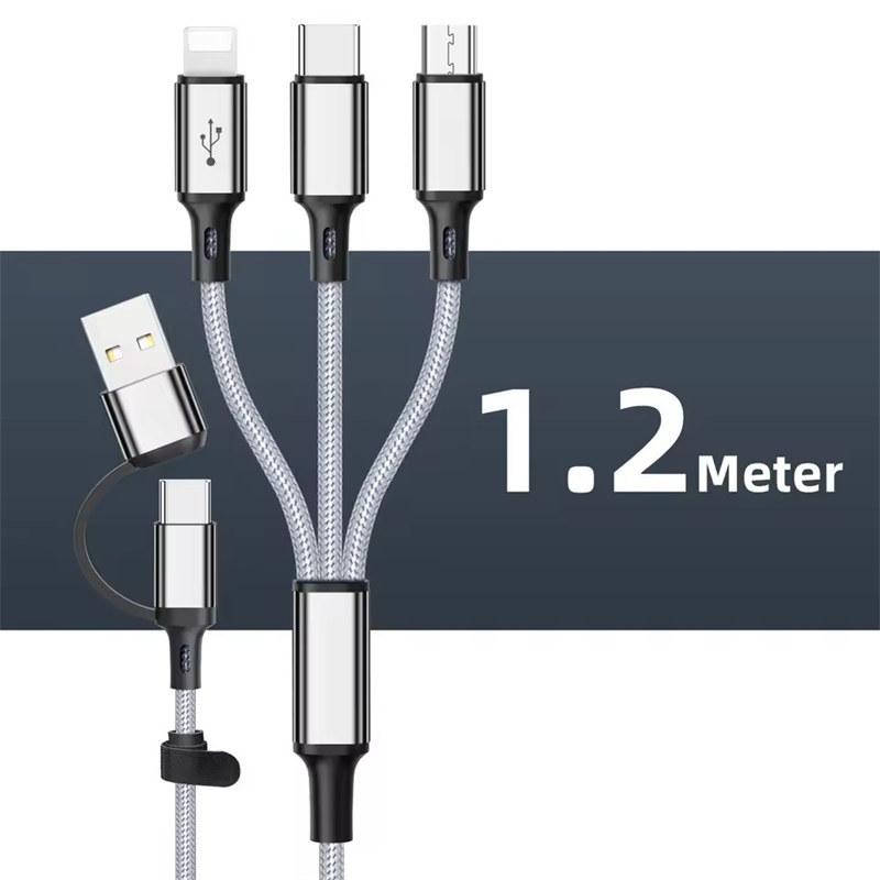 

3 в 1 шнур для быстрой зарядки для iPhone Huawei Micro USB Type C кабель для зарядки 1,2 м несколько портов USB несколько шнуров USB для зарядки 1.2M серебряный