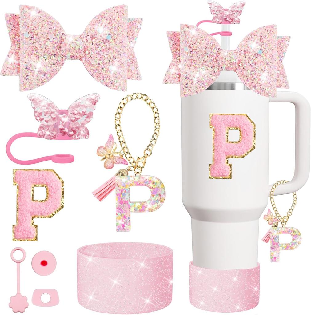 Set 8 buc Accesorii pentru Cană pentru Pahar Stanley 30oz 40oz Topper Paie Capac Acoperiș Boot, Dop Antivărsare Charm Autocolant Inițiale