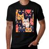 Vintage Graphic Art Cute Cat Kittens Pattern Tshirt Work Basic Short Sleeve Top