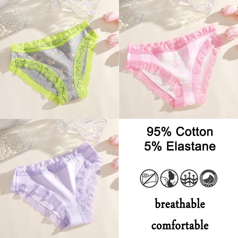FINETOO 3PCS/SET Women Cotton Printing Panties Seamless Lace Panties Low Rise Briefs Comfortable Sexy Lingerie Intimates Panties
