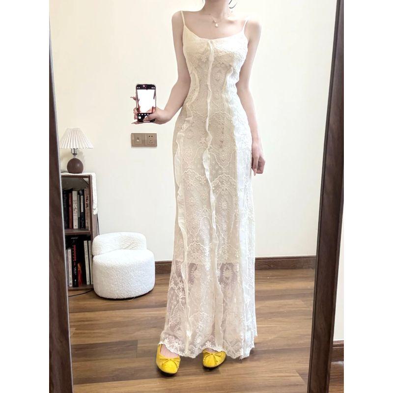 

Kumikumi Pure Desire Style Lace Sling Dress Women Autumn Stacked Black Suit Long sleeve Outerwear Lace Sling Dress S