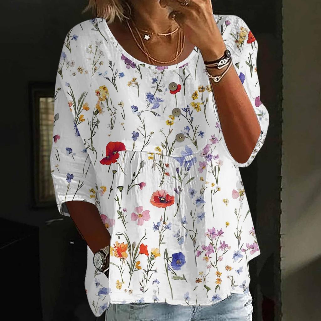 Women's Fashion Casual Three-quarter Sleeve Loose Round Neck Button Floral Print Top