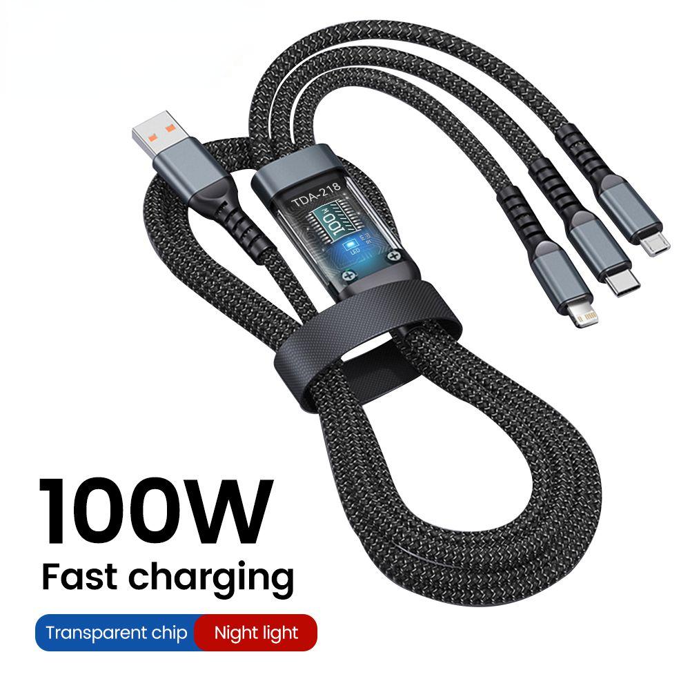 100W Fast Charging Cable with USB Type C, Micro USB, and Lightning Compatibility - 1.2M/2M Length, Transparent Chip, Night Light Feature