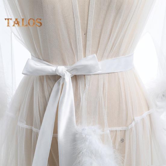 Lady Nightgown Plush Trim Ultra Thin See-through Mesh Ruffle with Adjustable Waist Tie Solid Color Pleated Slutty Pajama Party Wear Sleepwear