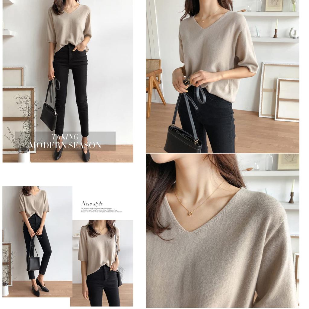 Summer Knit Short Sleeve Loose Cut and Fashionable Summer Beautiful Coordination [ANCKDOCE] Women's T-Shirt, V-Neck, Fit, Sewn, Clothes, Tops, (White)