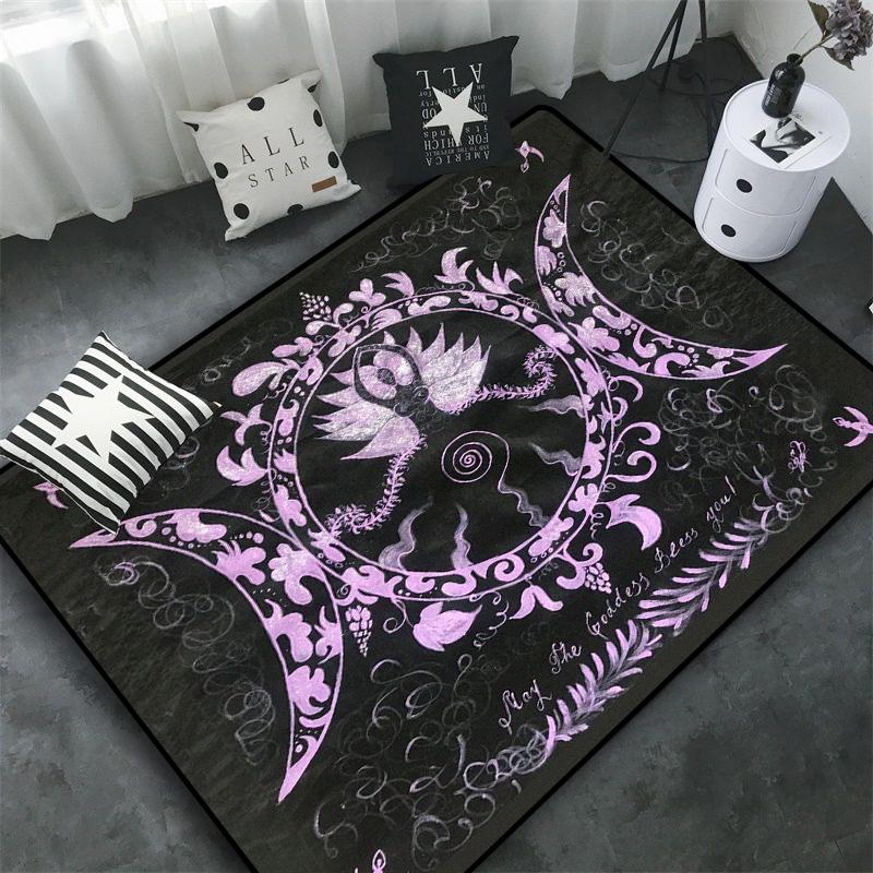 Triple Moon and Pentagram Altar or Tarot Witchy Floor Mat Black Witch Rug Gothic Decor Phases Divination Runic Carpet