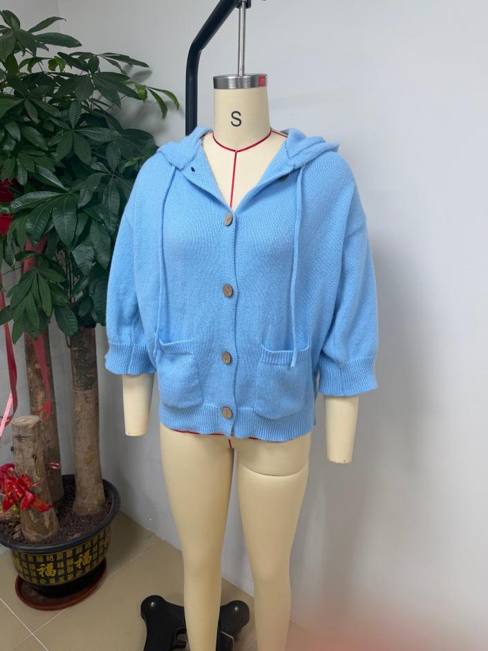 2026 Europäischer & Amerikanischer Einfarbiger Gestrickter Kapuzen-Strickjacke – Damen Lässige Herbst-/Wintermode
