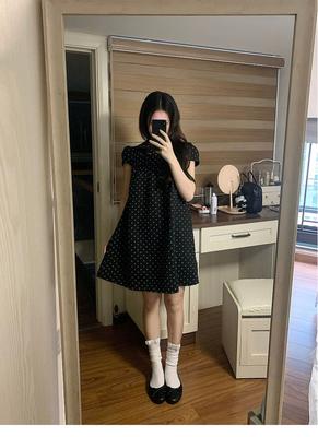 Japanese Retro Black Polka Dot Doll Collar Short-sleeved Dress Women's Summer New Style Fashion Loose Short Dress