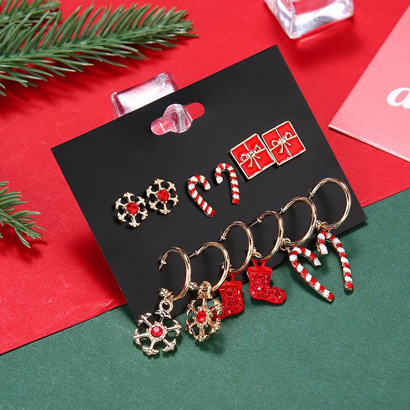 Christmas stud earrings combination new cartoon holiday alloy dripping elk old man bell earrings set