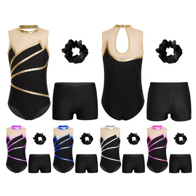 Completo sportivo per bambine, senza maniche, con patchwork, con apertura sulla schiena, pantaloncini con cintura a V e fascia per capelli per allenamento di ginnastica.