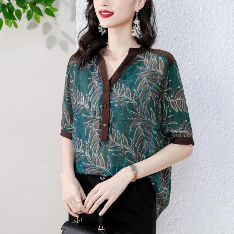 

Korean Commute Summer Women s V-neck Printing Diamonds Single Breasted Fashion Sweet Short Sleeve Loose Mid Length Shirt Tops L синий