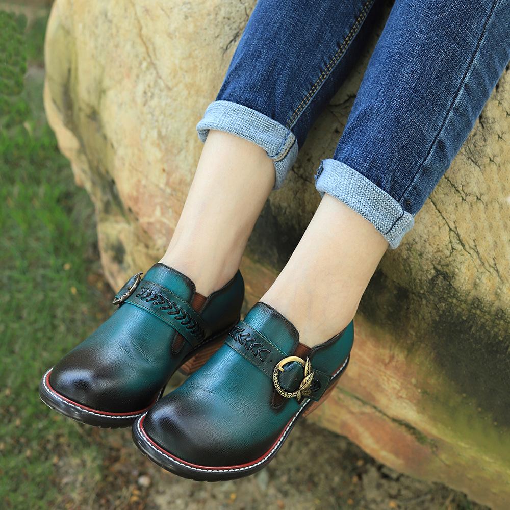 Johnature Zapatos de tacón de cuero genuino para mujer, zapatos de primavera Retro con punta redonda, Color sólido, hechos a mano, zapatos de ocio Silp-on