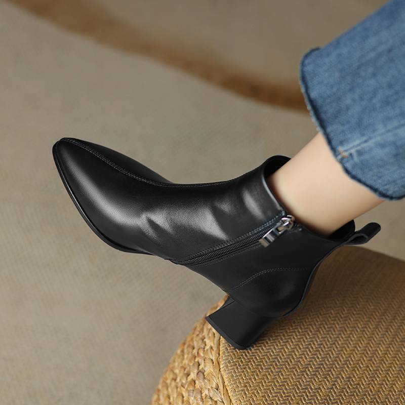 Krazing Pot Sheepskin Winter Round Toe Med Heels Fashion Boots Women Zipper Elegant Women Ankle Boots