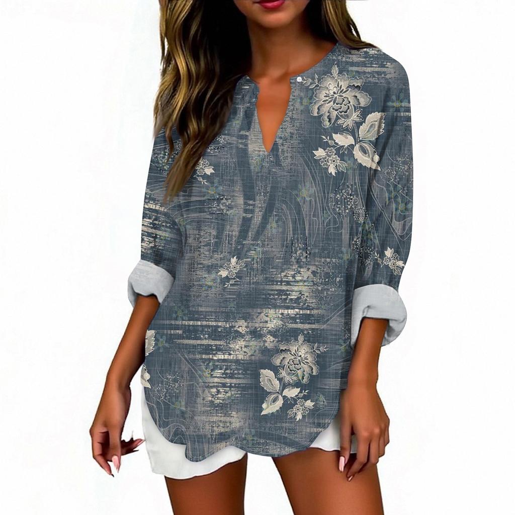 Women's T Shirt Tee Printed Long Sleeve Daily Weekend Fashion Basic V Neck Curved Hem Regular Top