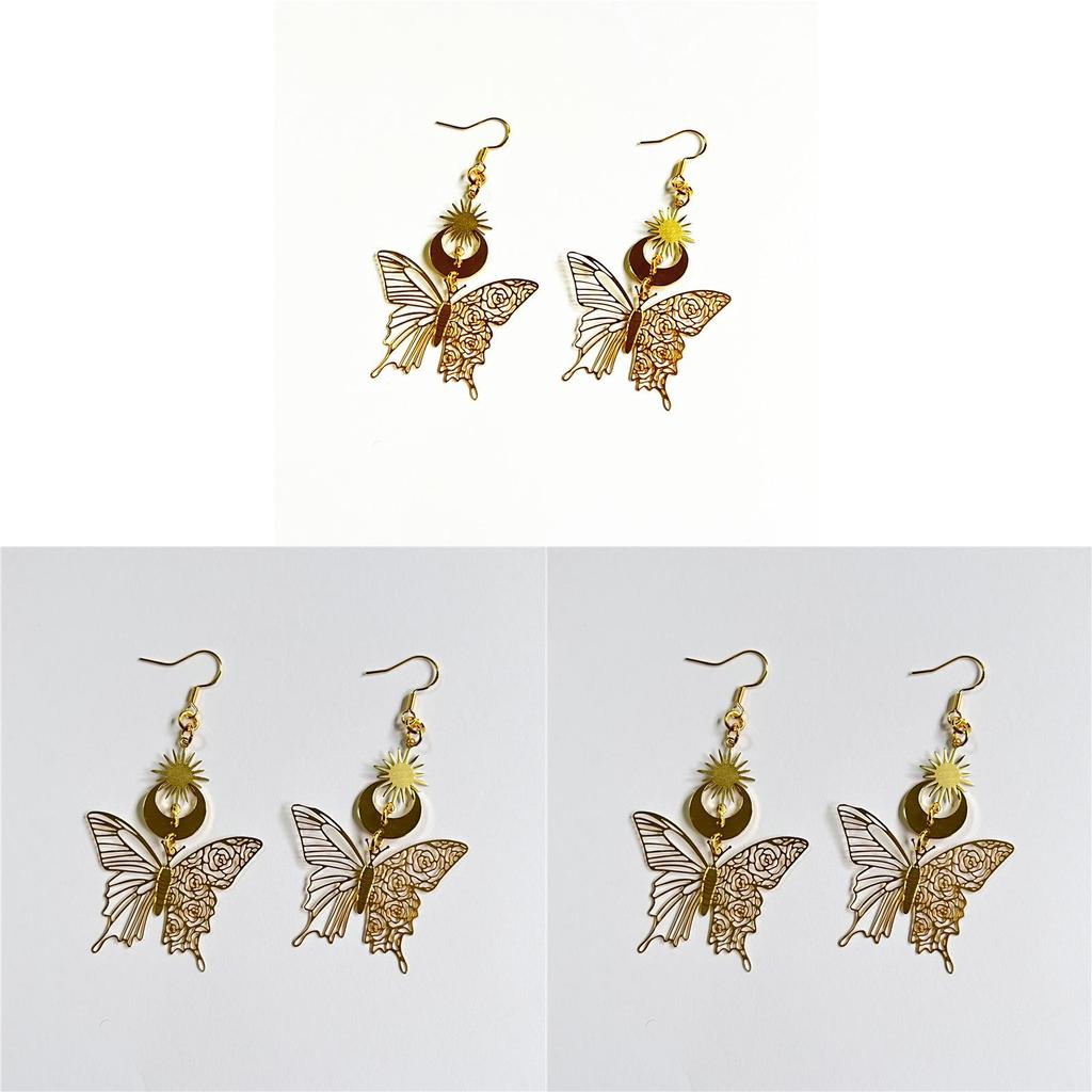 Gold Star Moon Dangle Earrings With Butterfly Pattern For Fashion Women