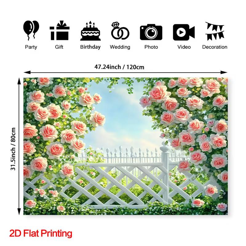 2D Romantic Rose Arbor Tapestry, Blooming Roses with White Picket Fence