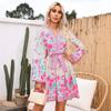 Women Floral Print V Neck Mini Dress Long Sleeve With Waist Tie And Border Print