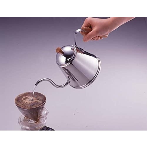 Yoshikawa SH7090 Stainless Steel Drip Coffee Pot, 1.1L, Narrow Mouth, Wooden Handle, Made In Japan, Gas and Induction Compatible