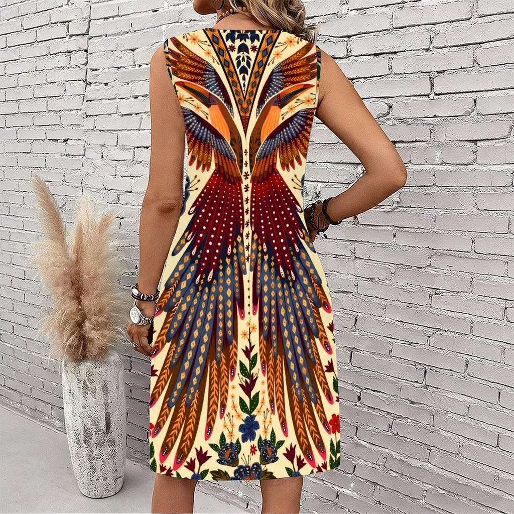 Plus Size V Neck Sleeveless Dress Forest Valley Waterfall Natural Print For Outdoor Hiking Adventure