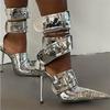 Fashion Blue Denim Metal Rivet Buckle Silvery Over Knee Boots Women Sexy Punk Style Silver Belt Buckle 12cm High Heel Sandals Size 34-43
