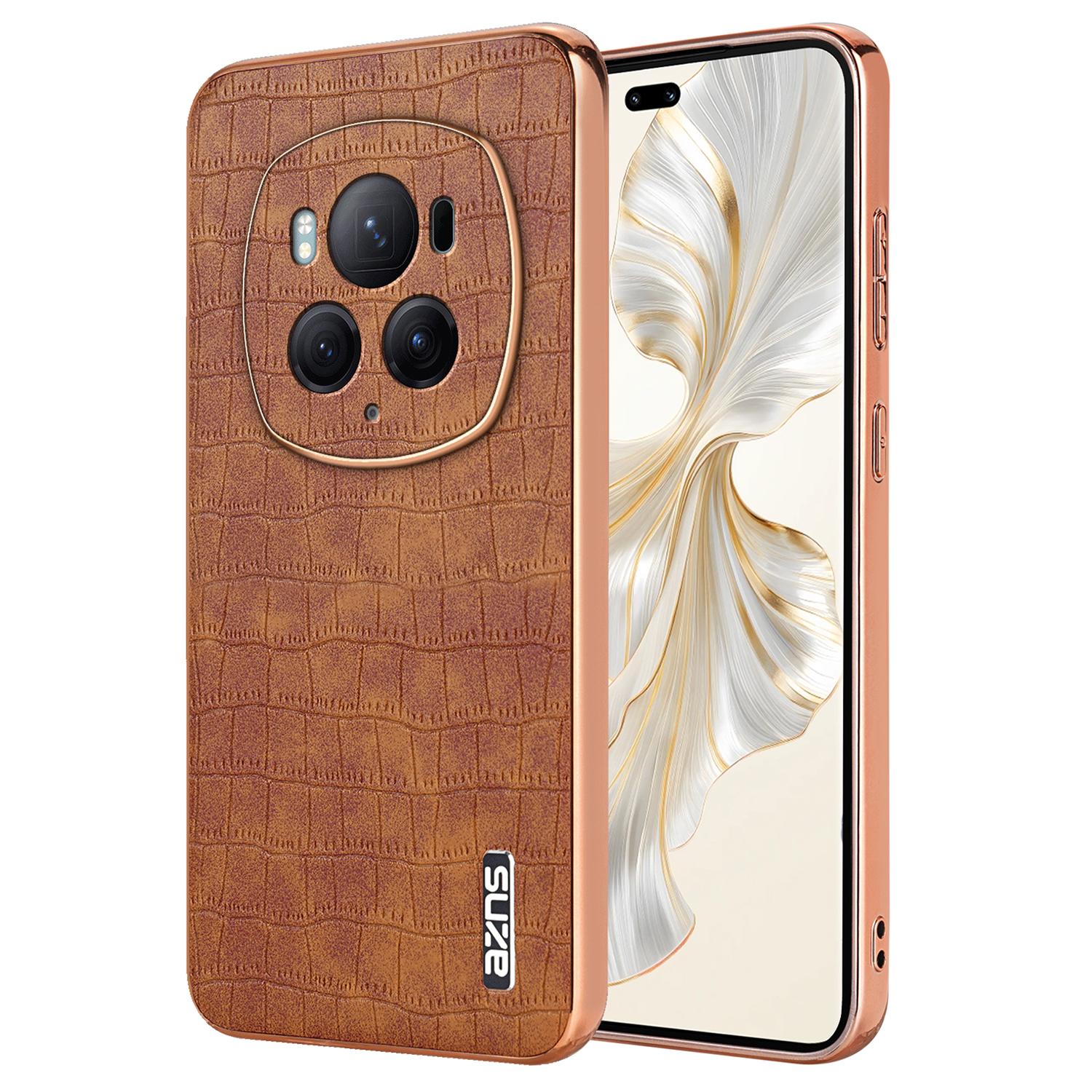 

For Honor Magic6 Pro 5G Case Electroplating Leather+TPU Phone Cover Brown
