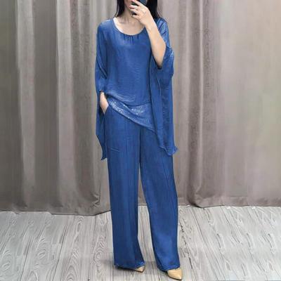 Terno casual feminino com emendas, calça larga, roupa solta para festa em casa, escritório, gola redonda, manga morcego, traje de deslocamento