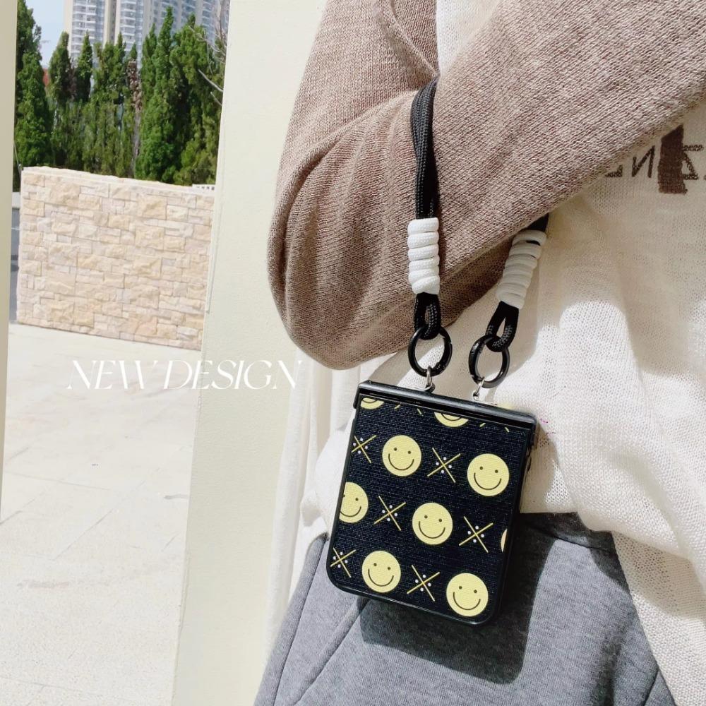 Leather Wrist Strap Happy Face Cute Bear Phone Case for Samsung Galaxy Z Flip 6 5 4 3 Flip6 5G Hinge Protection Shockproof Cover
