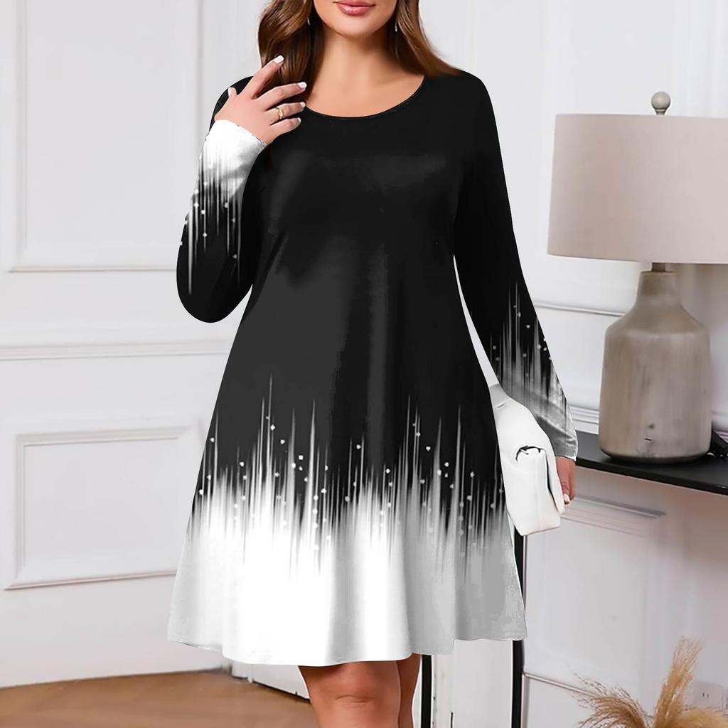 Plus Size Women's Gradient Print Casual Spring/Autumn Pocket Round Neck Long Sleeve Dress