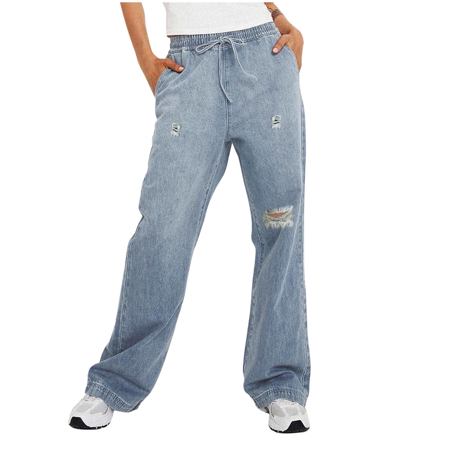 Distressed Slim-Fit Elastic Waist Women s Jeans for European and American Trade M светло-синий