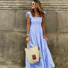 Summer Women's Elegant Plaid Slip Maxi Long Dress  Women Strapless Ruffle Backless Pleated Elastic Waist Boho Party Swing Loose Dresses