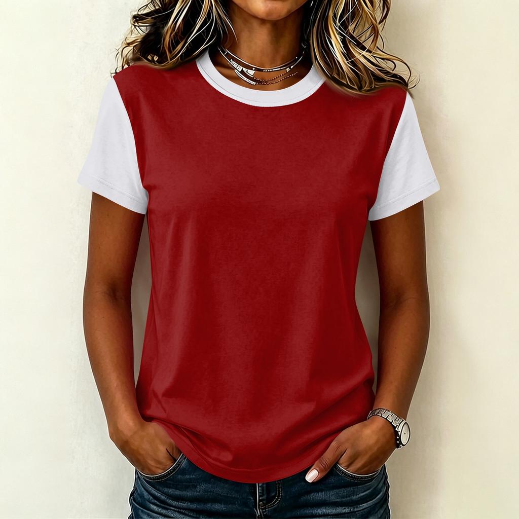 Women’s Casual Crew Neck Short Sleeve Pullover T Shirt Stitching Loose Fit Basic Top for Daily Wear