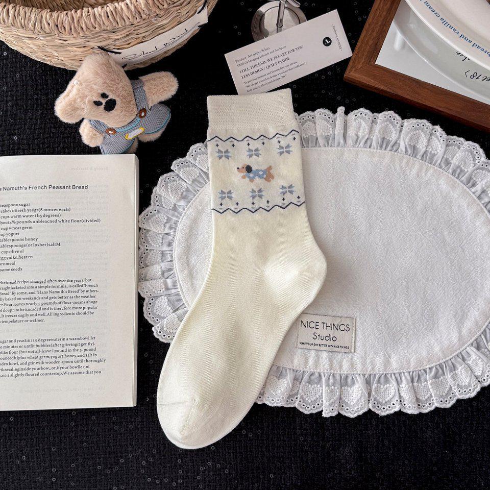 Korean Blue-Grey Mid-Calf Combed Cotton Women's Socks - Trendy Japanese Cute Puppy Design