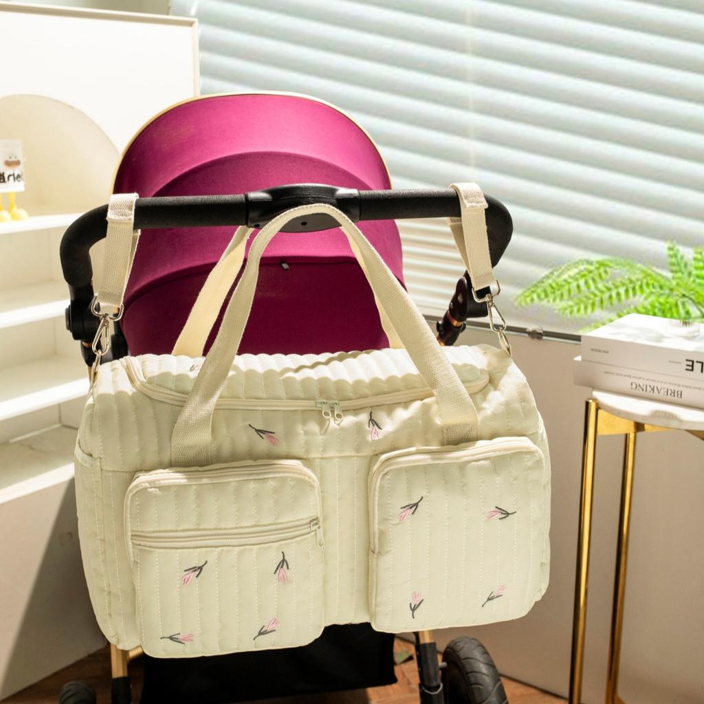 Baby Diaper Bag Cute Bear Flower Embroidery Pattern Mommy Bag Baby Beige Cotton Fabric Zipper Diaper Handbag New Luggage Bag