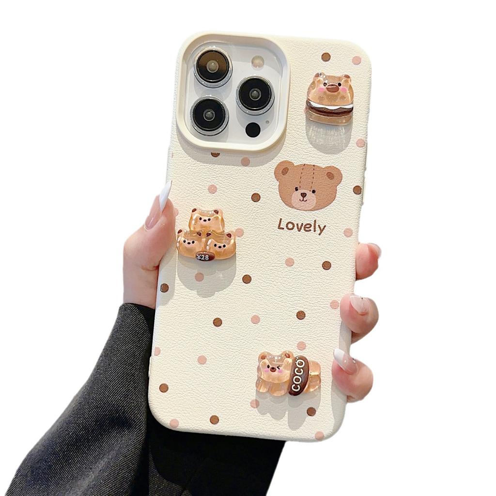 New Leather Pattern Three-dimensional Polka Dot Cartoon English Bear for Apple 16promax Mobile Phone Case for IPhone