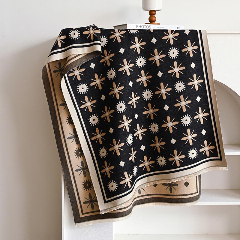 Korean Double-sided Women's Imitation Cashmere Thermal Scarf Fashionable Versatile Pattern Simple Air Conditioner Shawl Scarf