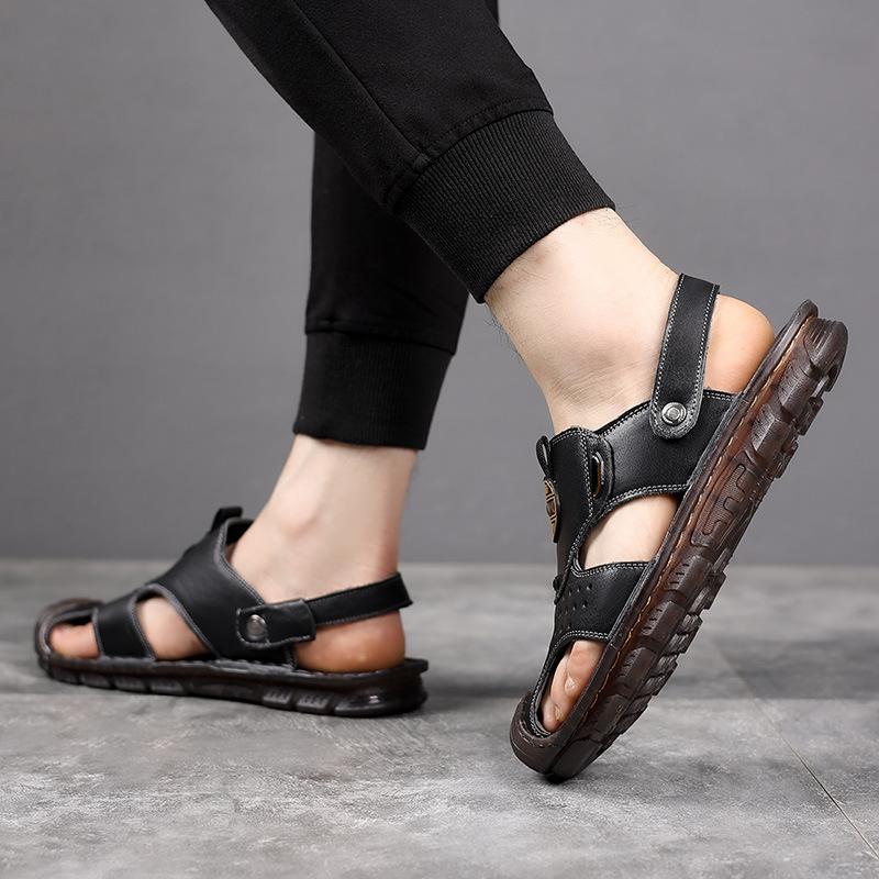First Layer Cowhide Sandals Men's Bag Head Summer Wear Casual Beach Shoes Men's Non-slip Hollow Slippers Men's Beef Tendons