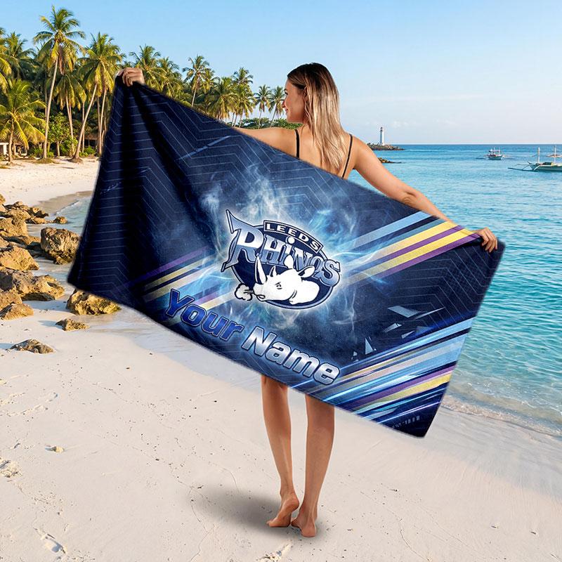 Leeds Rhinos Customized Name Text Beach Towel, Soft Absorbent Towel Beach Pool Travel Personal Gift