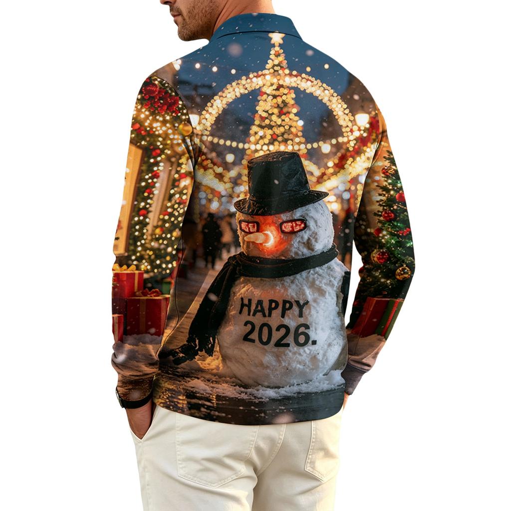Men's Long Sleeve Golf Shirt Quick-Dry Mesh Casual Top with Christmas Print for Holiday Wear