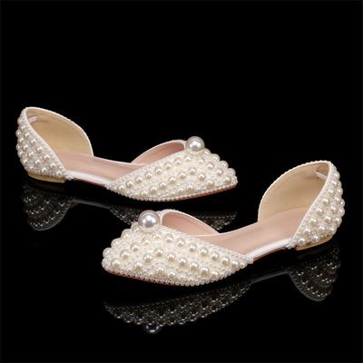 Luxury Handmade Full Pealrs Beading Women Flats Pumps Elegant Pointed Toe Party Banquet for Girls Wedding Bridal Shoes
