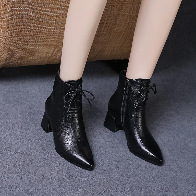 Fashion FHC Women Short Boots,Soft Ankle Botas,Autumn/Winter Shoes,Pointed toe,Thick Heel,Side Zip,Front Laces.Black,Brown,Dropshipping