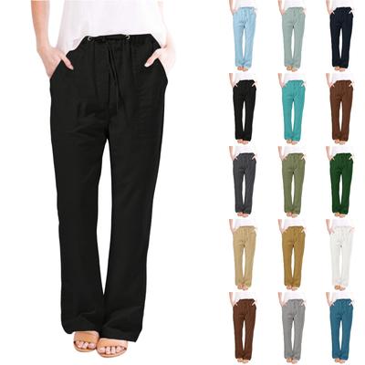 Women Fashion Casual Cotton Hemp Drawstring Solid Color Beach Trousers Pants