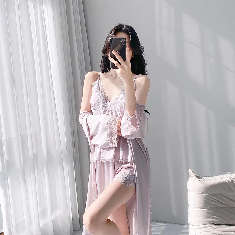French pure desire lace pajamas women's summer ice silk suspender nightdress with blouse sexy loungewear