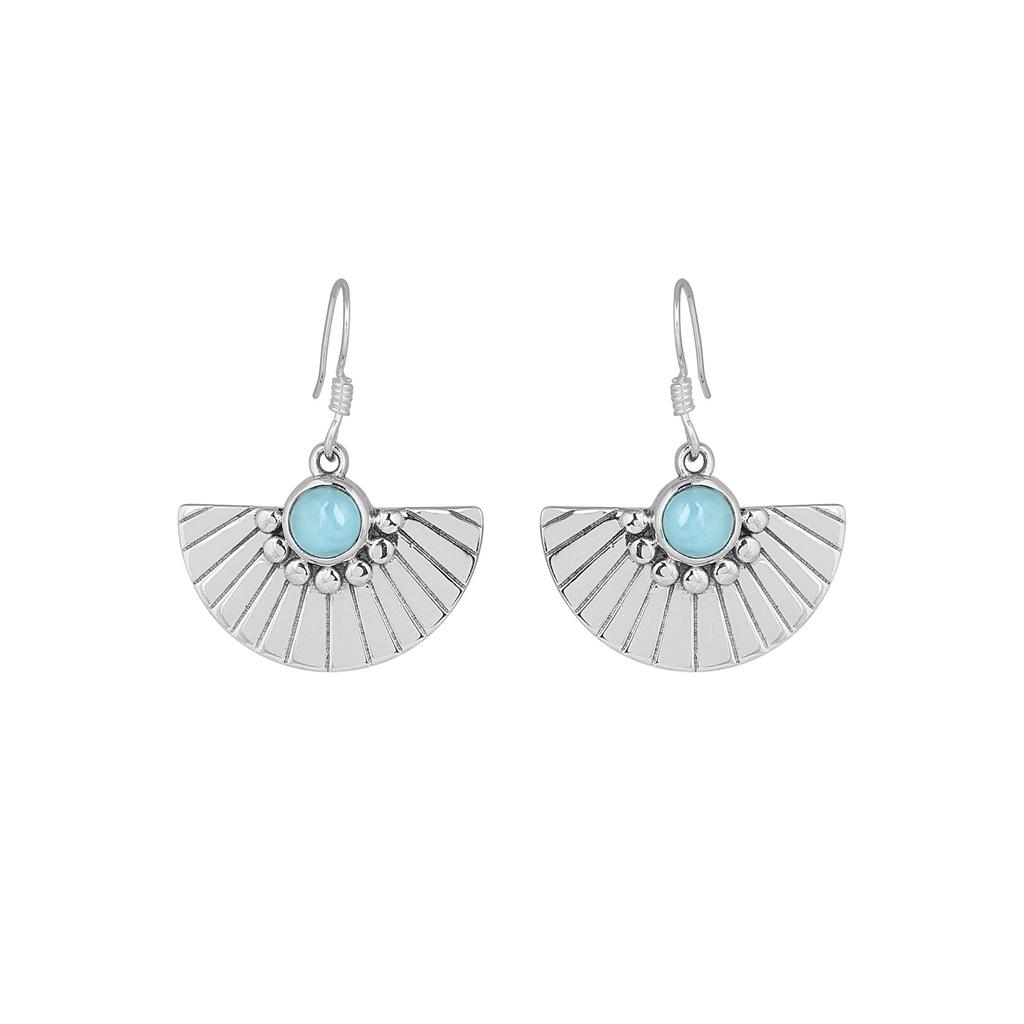 Larimar Gemstone Fan Earring 925 Sterling Silver Handmade Jewelry Women Earring