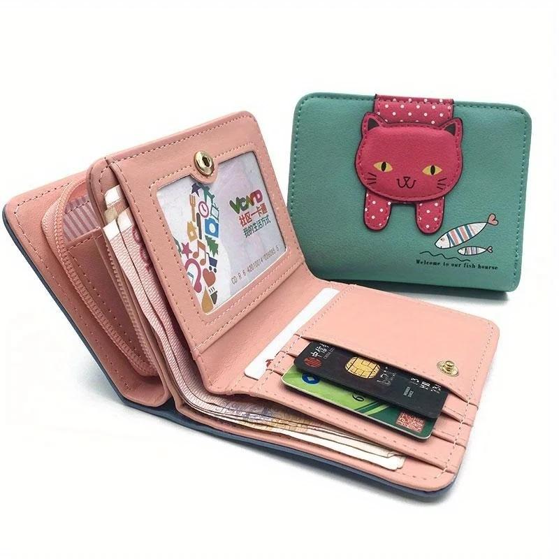 Women's Wallet Short Card Holder Bag Cute Zipper Cartoon Cat Eating Fish Print Student Wallet Coin Purse Girls Wallet