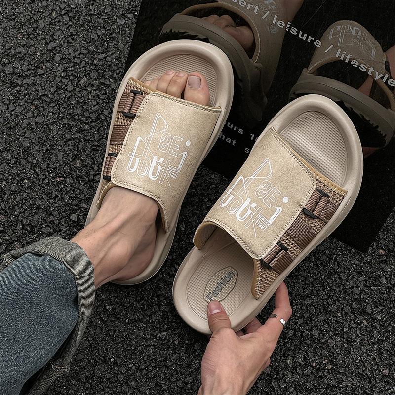 Fashion Summer Holiday Shoes Mens Sandals Flat Non-slip Male Footwear Fashion Brand Black Beige Shoes Thick Sole D410