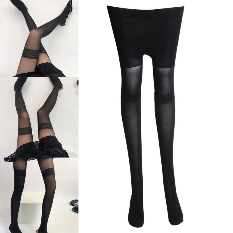 Women Faux Thigh High Socks Pantyhose Japanese Jacquard Patchwork Sheer Thin Stockings Mock Suspender Tights Hosiery