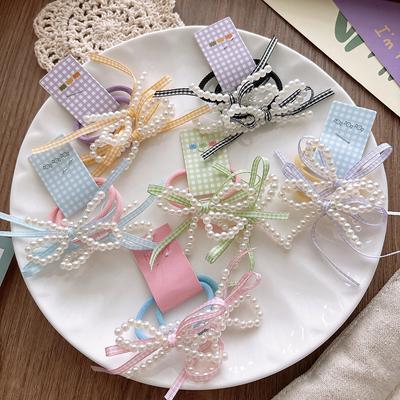 2pcs/set Sweet Candy Color Kids Girl Hair Band Pearl Bow Plaid Hair Rope for Children Kawaii Girl Headwear Hair Accessories