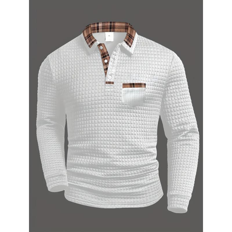 Men's Waffle Knit Polo Shirt Casual Plaid Contrast Collar Long Sleeve Top With Pocket For Daily Wear