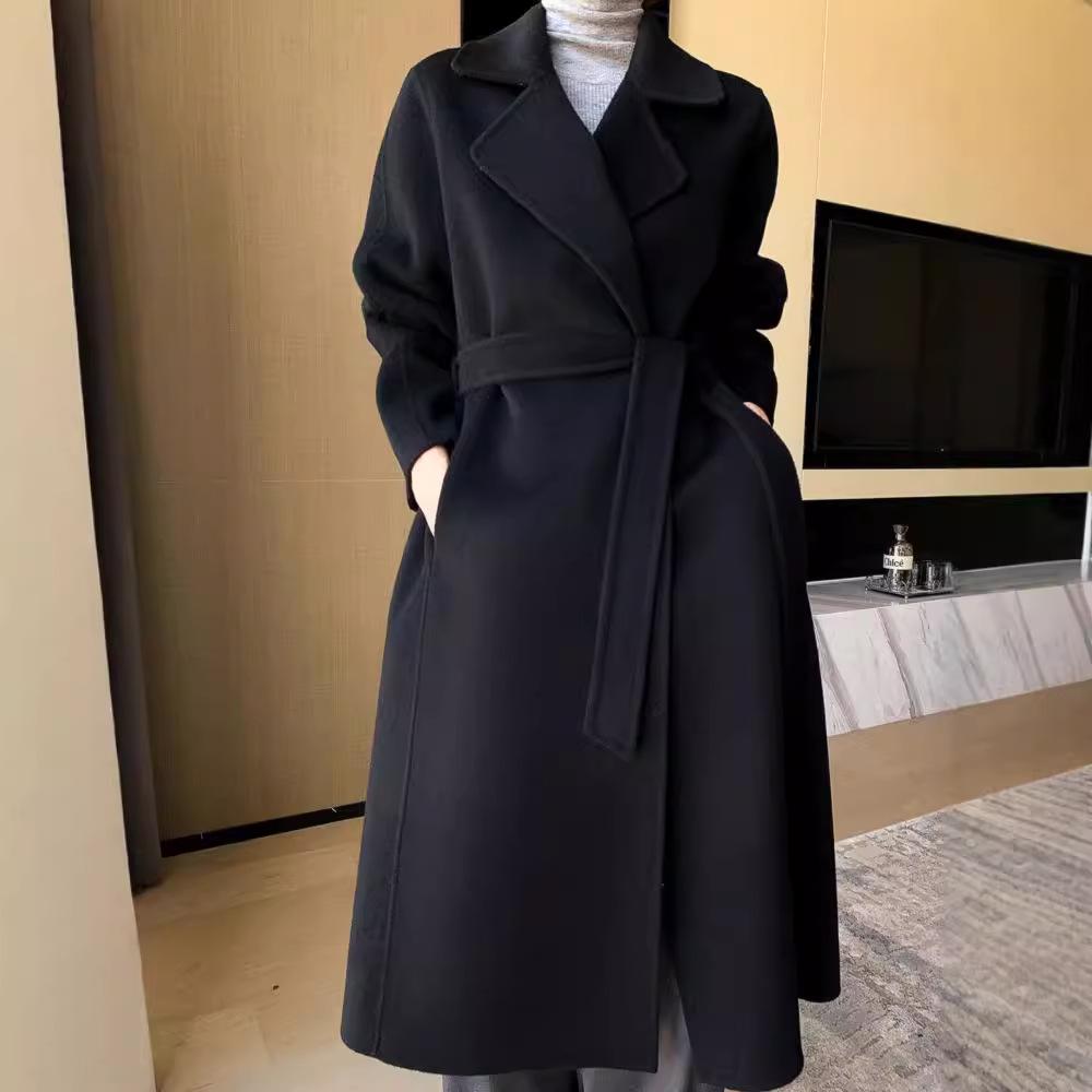Women's Extra Long Wool Double-Faced Overcoat - Autumn/Winter Fashion with Suit Collar