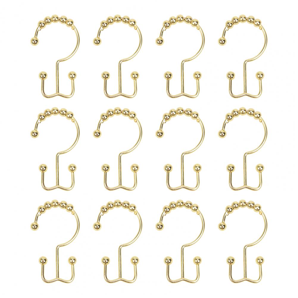 12pc Metal Shower Curtain Rings Metal Shower Curtain Hooks Set For Bathroom Rust Proof Double Rings With Beads Gold Shower Liner